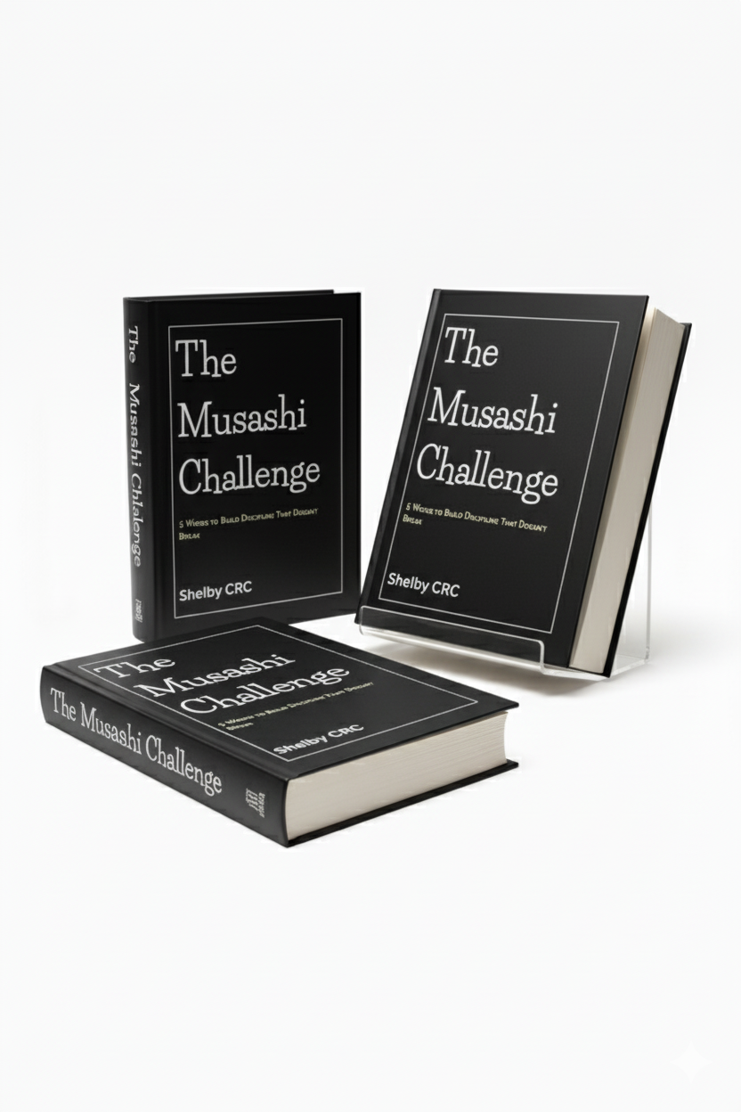 Three copies of 'The Musashi Challenge' book on a white background