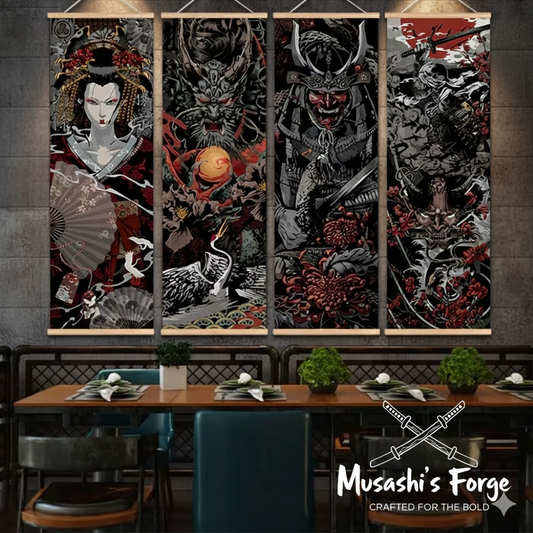 Samurai Ukiyo-e Scroll Set – Handcrafted Wall Art