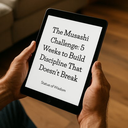 Person holding a tablet with 'The Musashi Challenge' text on a blurred indoor background